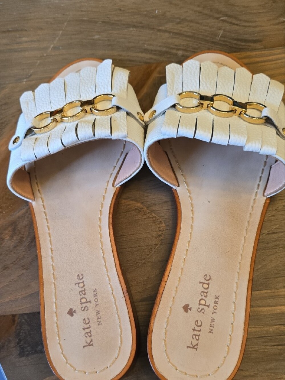 Kate Spade White Fringe Slide Mules with Gold Chain - Picture 4 of 12